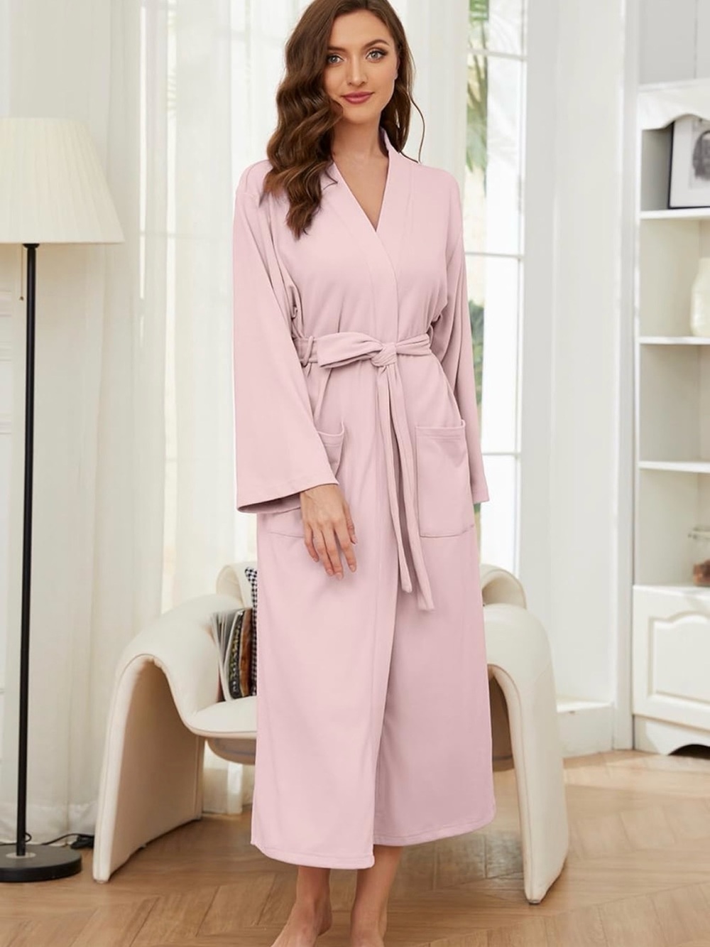 Women’s Soft Pink Knit Robe Long Cozy Bathrobe Luxury Loungewear Spa Gift Size M